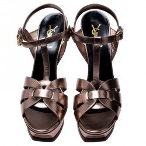 Yves Saint Laurent Paris Metallic Bronze Leather Tribute Platform Heels - 7 - Picture 3 of 4